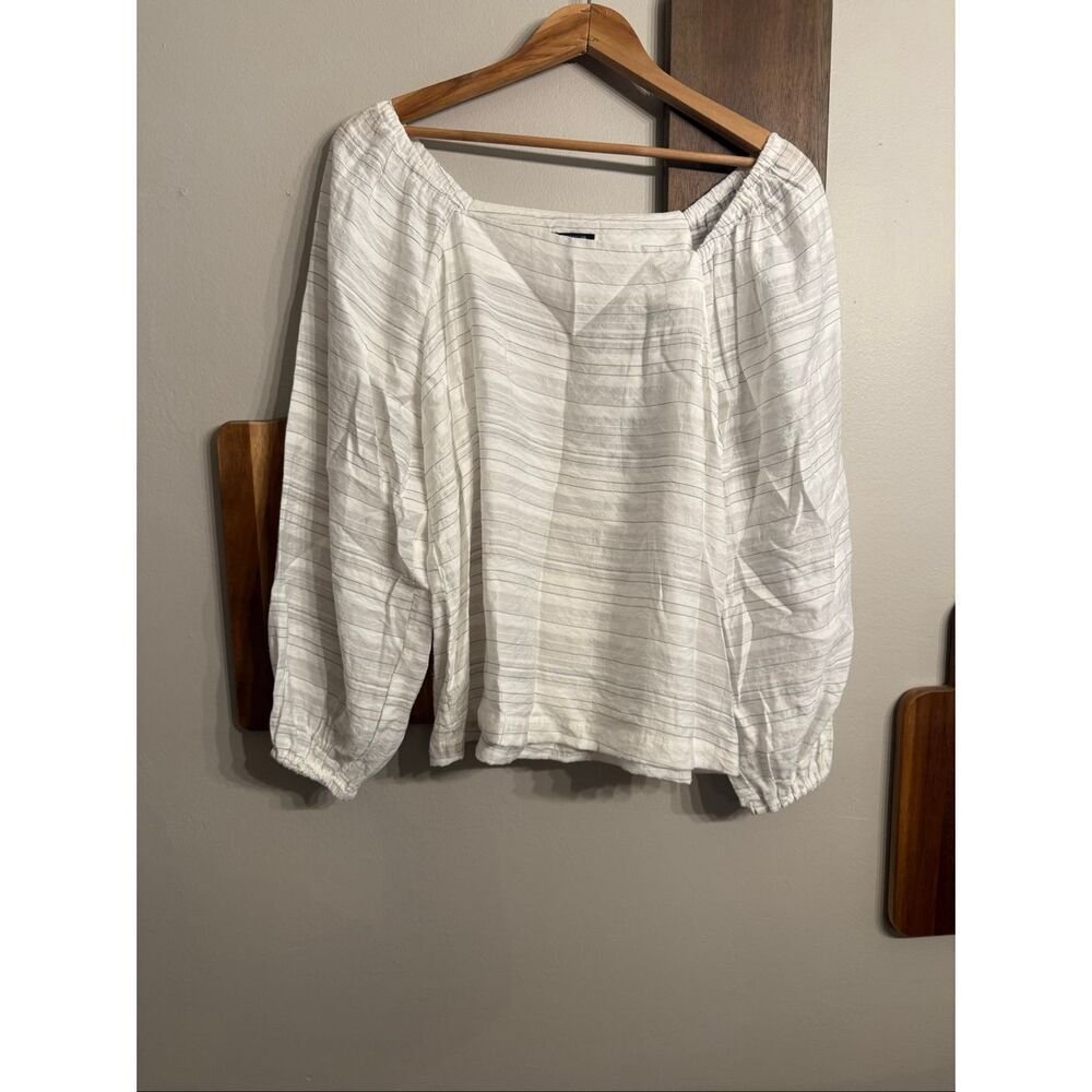 Ann Taylor White‎ Black Striped Square Neck Puff Sleeve Top Size Medium Petite